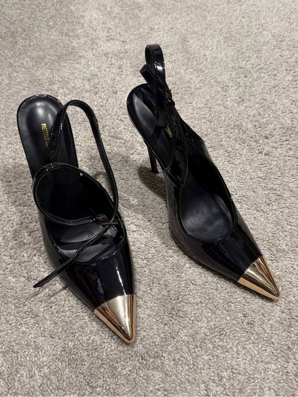 PrettyLittleThing Black Patent Slingback Heels with Gold Cap Toe